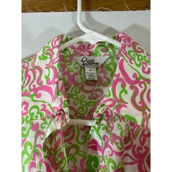 Lilly Pulitzer Sea View Button Down linen Shirt size L pink and green paisley - Picture 3 of 3